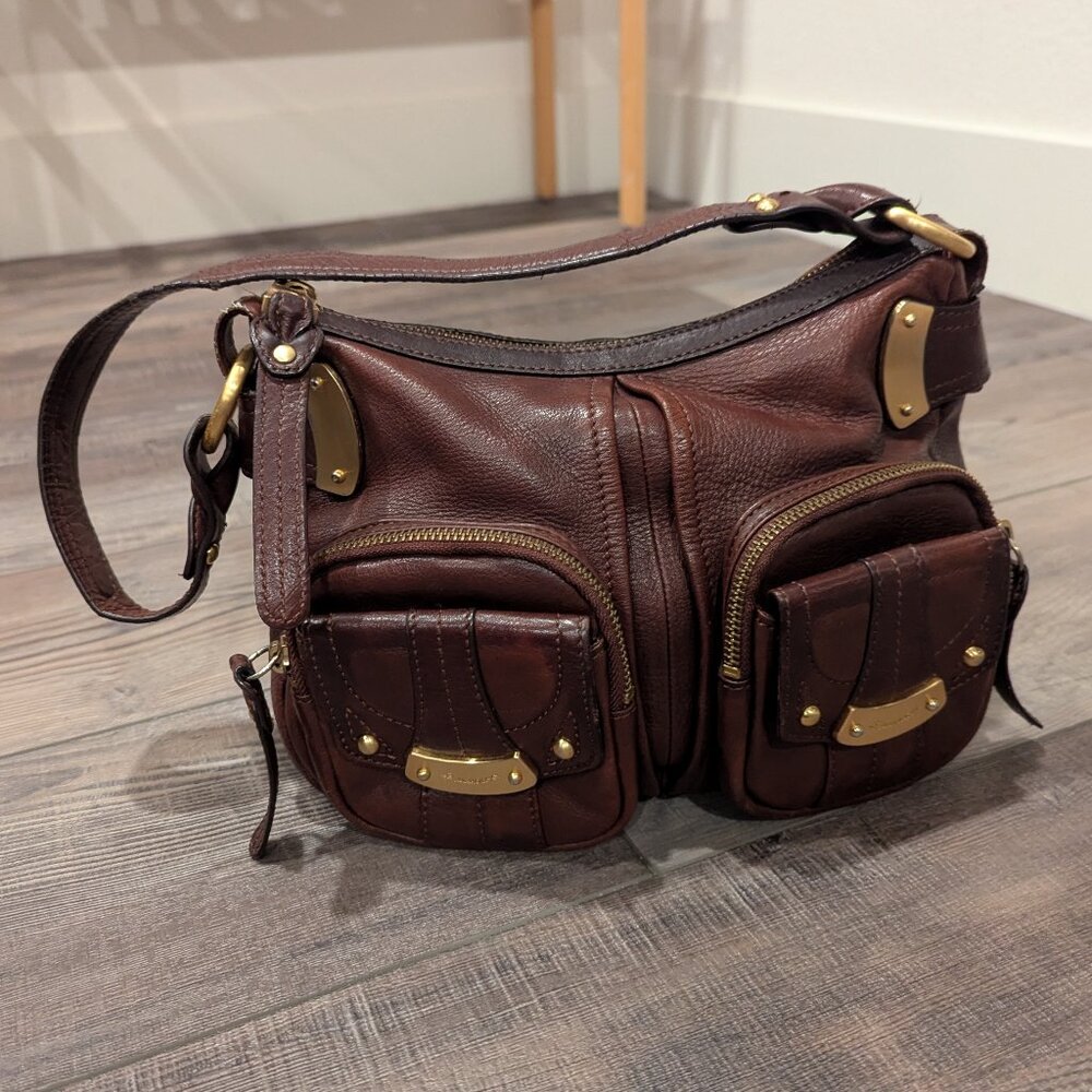 B. Makowski Brown Soft Leather Shoulder Bag Y2K Slouchy Front Pockets Brass - Picture 3 of 16